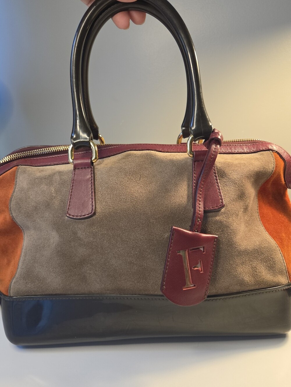 FURLA Handbag Boston Bag Suede Rubber Women Brown Preowned Authentic